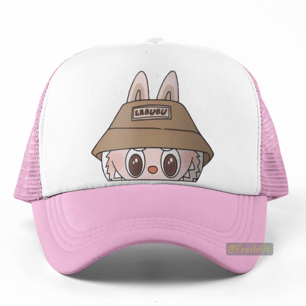 🆕Labubu Monster Peeker Head Foam Trucker Hat Mesh Snapback Cap Pink/White